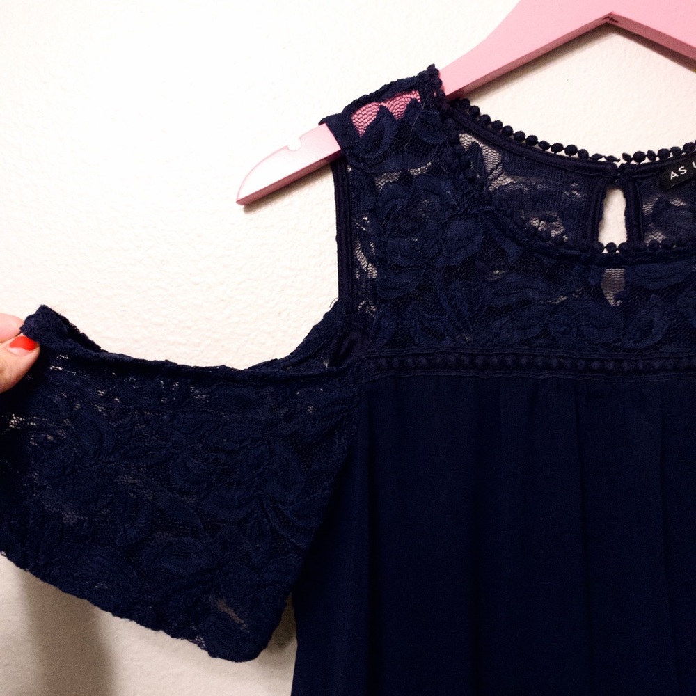 NAVY BLUE LACE OFF THE SHOULDER DRESS